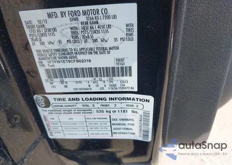 2012 Ford F-150 Lariat из США, поврежденный, VIN 1FTFW1ET9CFB02318